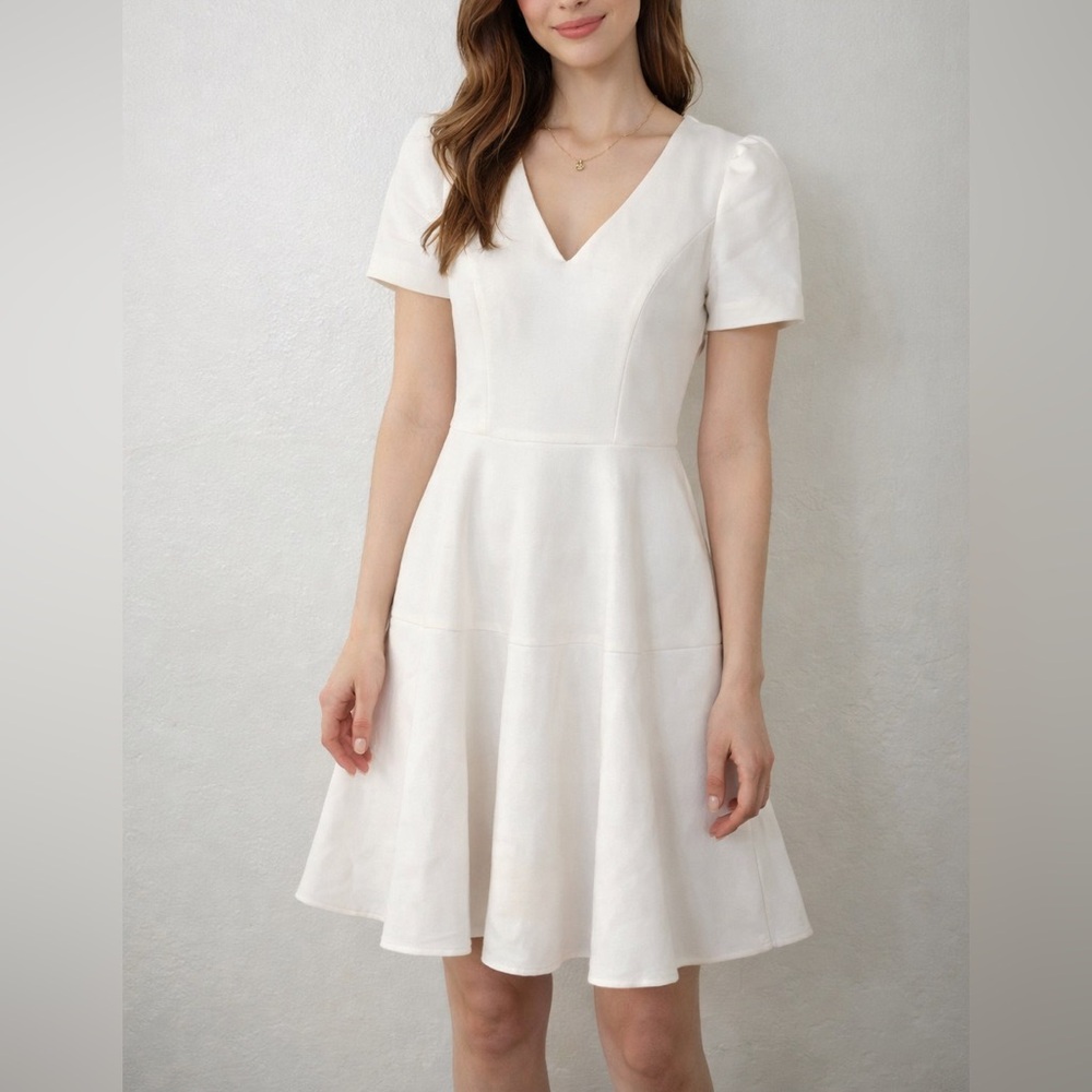 Gal Meets Glam beige puff sleeve fit & flare dress occasions